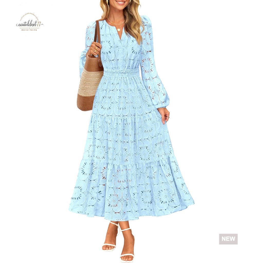Long Sleeve Maxi Dress With Pockets, Floral Eyelet Lace, Formal Occasion Wear
